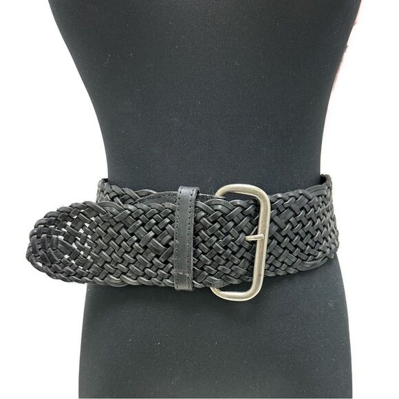 Ellen Tracy Big Braided Black Belt Size L Genuine Leather Made in Turkey